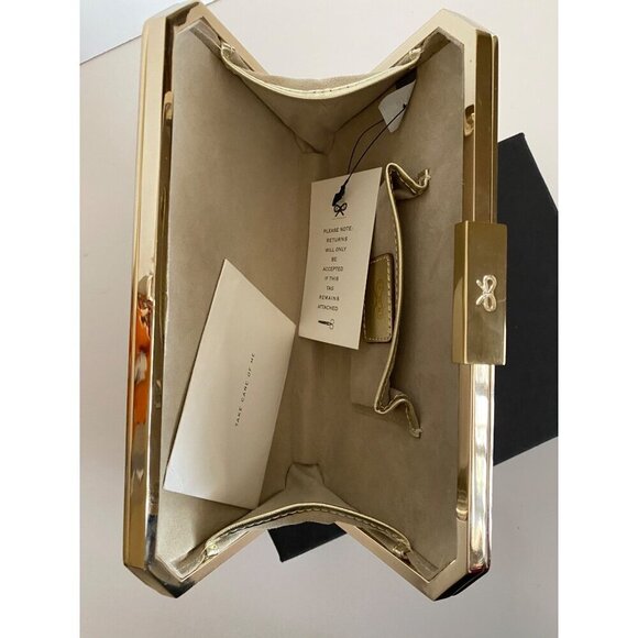 Anya Hindmarch Duke Stingray Moire Clutch Exotic Gold Tone Metal Satin Coral NWT - Picture 8 of 16